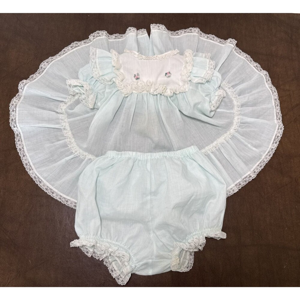 Vtg Bryan Baby Dress & Diaper Cover Lace 100% Cotton Cottagecore USA Sz 6-9 M